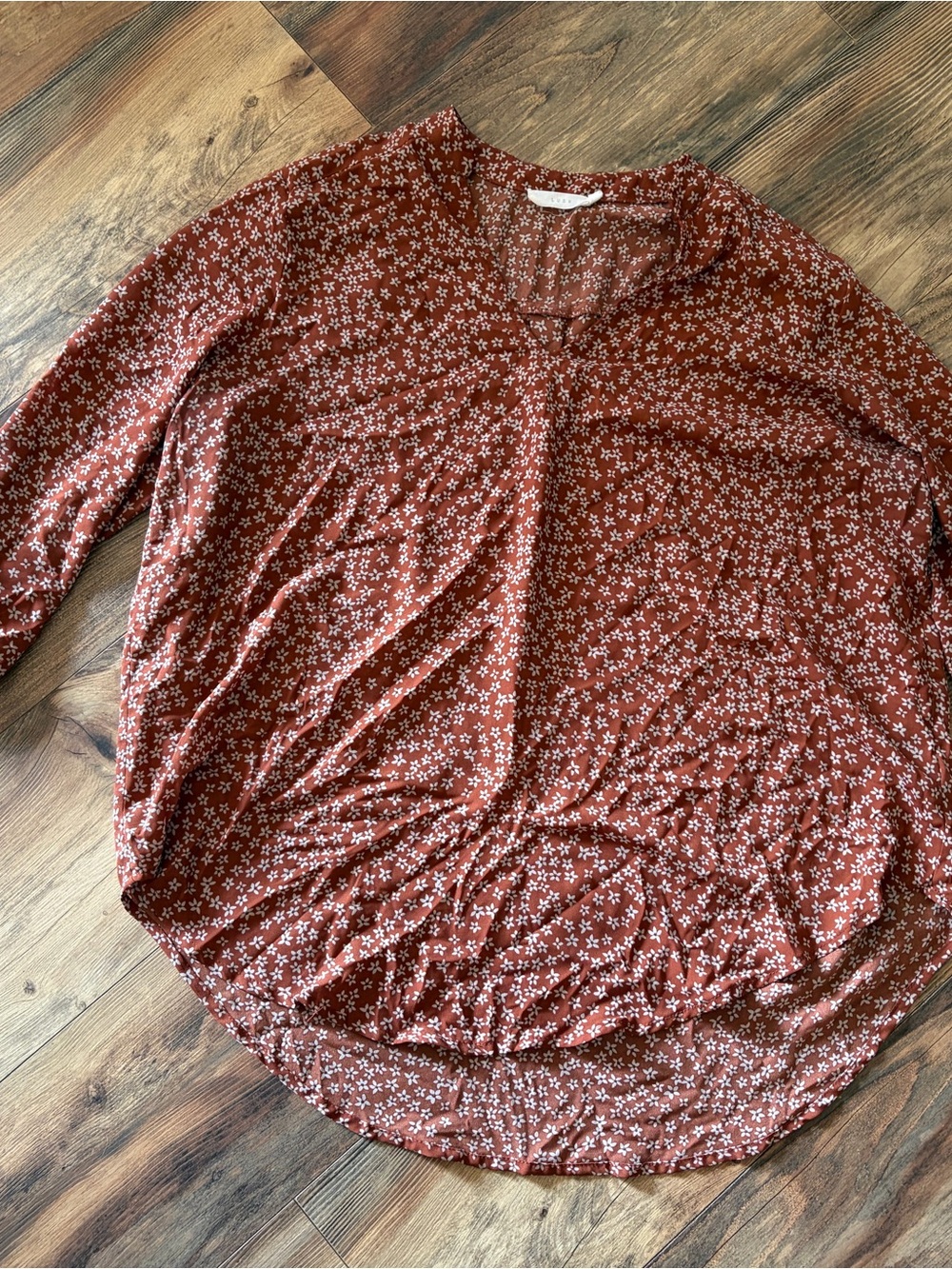 Lush Rust Brown Floral Long-Sleeve V-Slit Blouse
